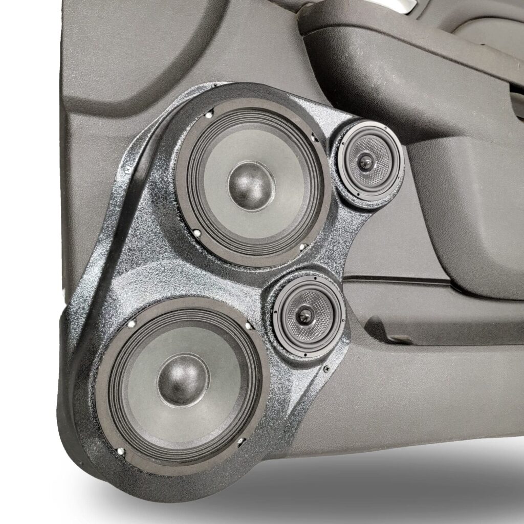 Front Door Custom Speaker Pods for the 2007-2009 Cadillac Escalade Chevrolet Avalanche Tahoe Silverado Suburban GMC Yukon Sierra to hold Dual 6.5 in and Dual 3.5 in speakers for car audio installation upgrade