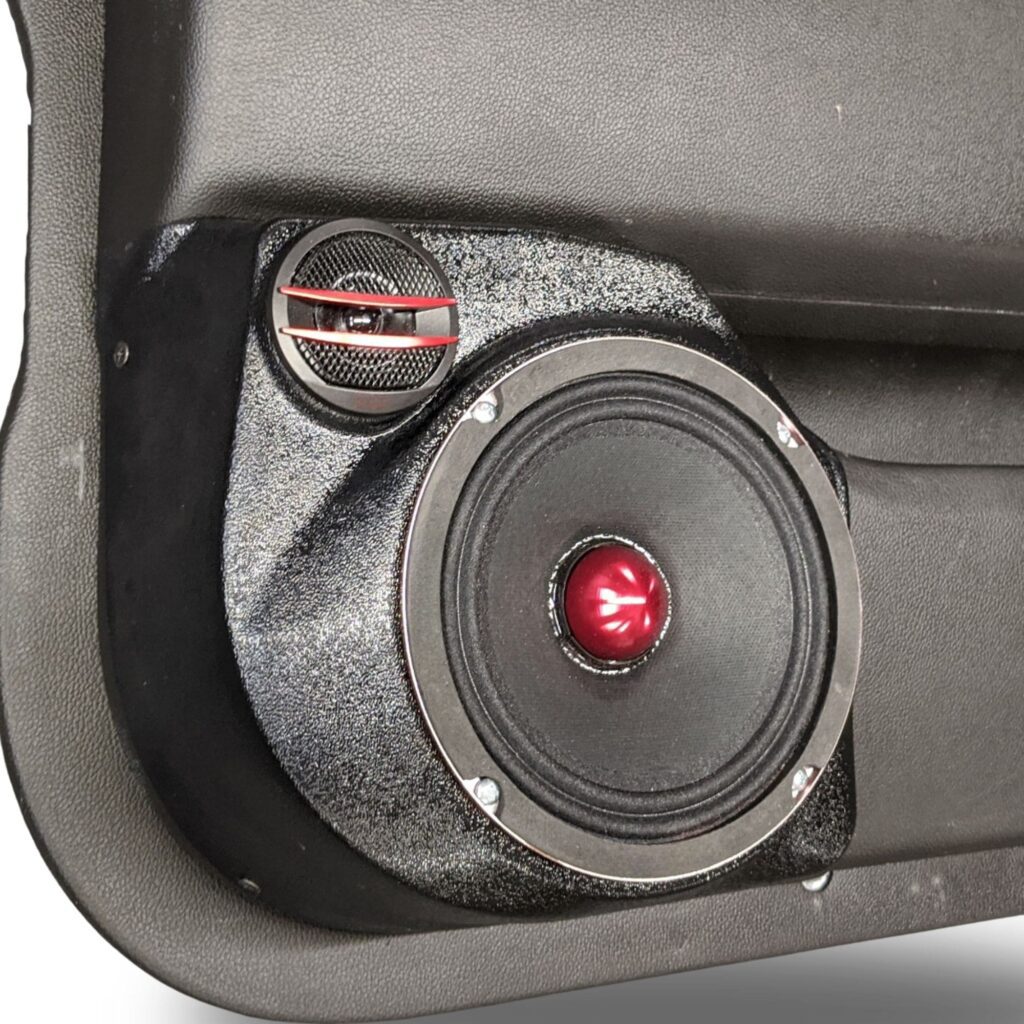 Rear Door Custom Speaker Pods for the 2014-2018 Chevrolet Silverado GMC Sierra to hold 6.5 in and 2.0 in speakers for car audio installation upgrade