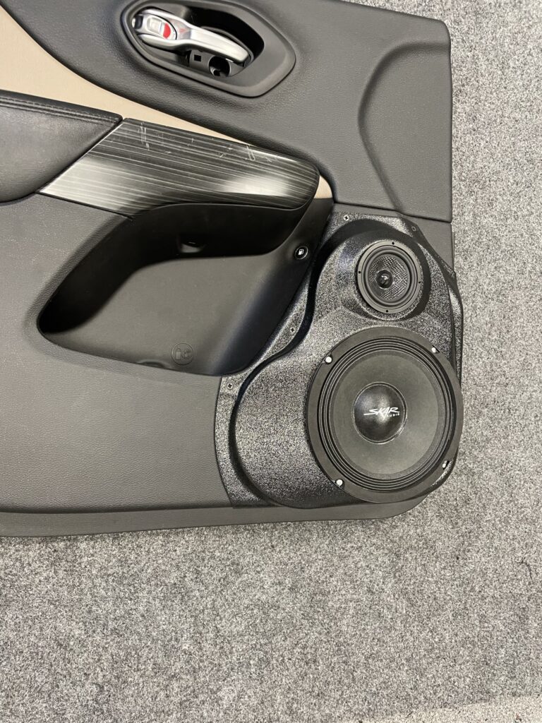 Front Door Custom Speaker Pods for the 2014-2023 Jeep Cherokee to hold 8.0 in and 3.5 in speakers for car audio installation upgrade