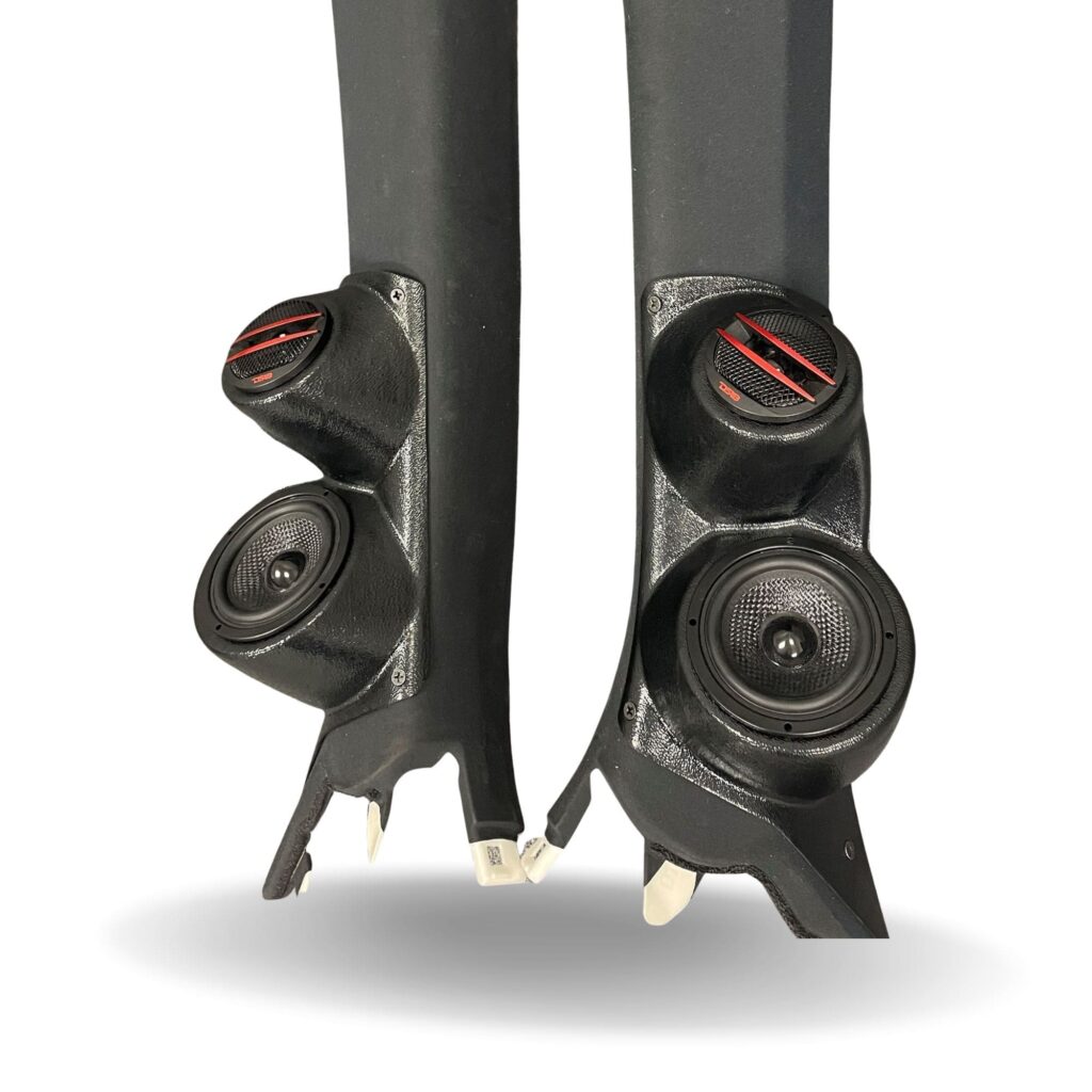 A-Pillar Custom Speaker Pods for the 2015-2021 Lexus RC to hold 3.5 in and 2.0 in speakers for car audio installation upgrade