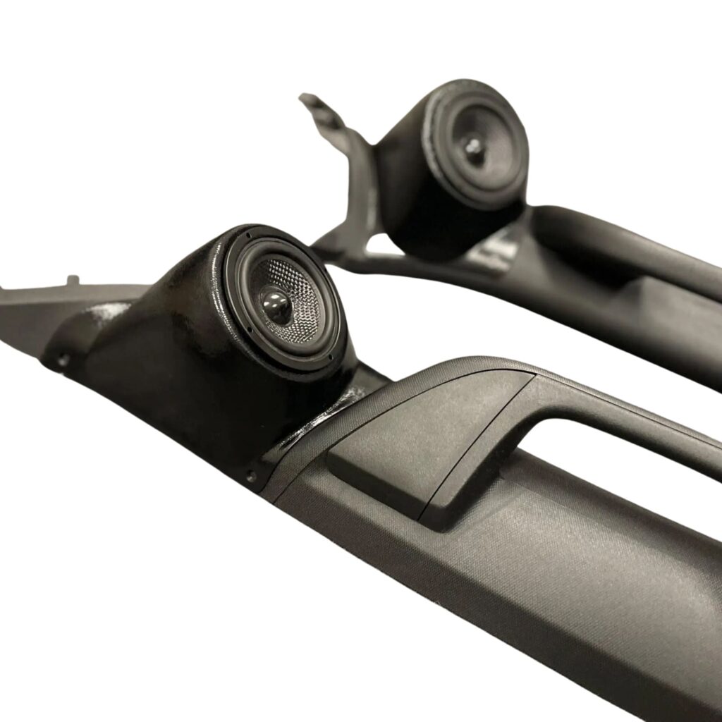 A-Pillar Custom Speaker Pods for the 2019-2025 Dodge Ram to hold 3.5 in speakers for car audio installation upgrade
