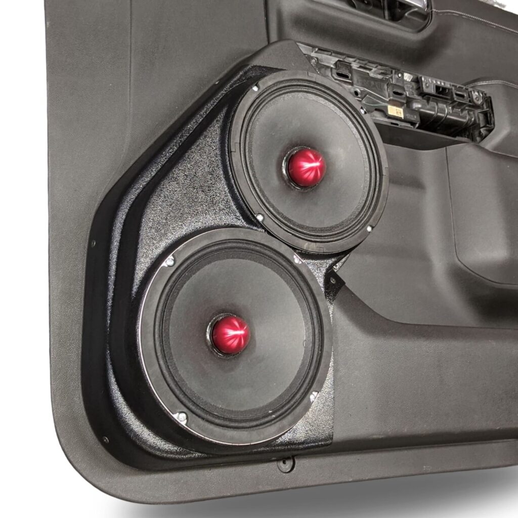 Front Door Custom Speaker Pods for the 2019-2023 Chevrolet Silverado GMC Sierra to hold Dual 8.0 in speakers for car audio installation upgrade
