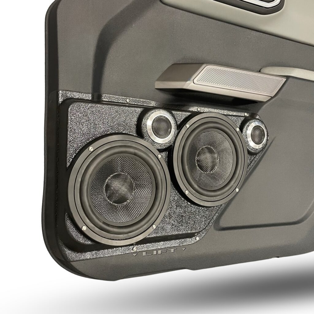 Front Door Custom Speaker Pods for the 2021-2023 Ford Bronco to hold Dual 6.5 in and Dual 2.0 in speakers for car audio installation upgrade