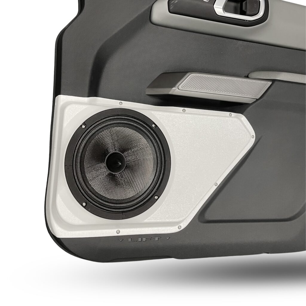 Front Door Custom Speaker Pods for the 2021-2023 Ford Bronco to hold 8.0 in speakers for car audio installation upgrade