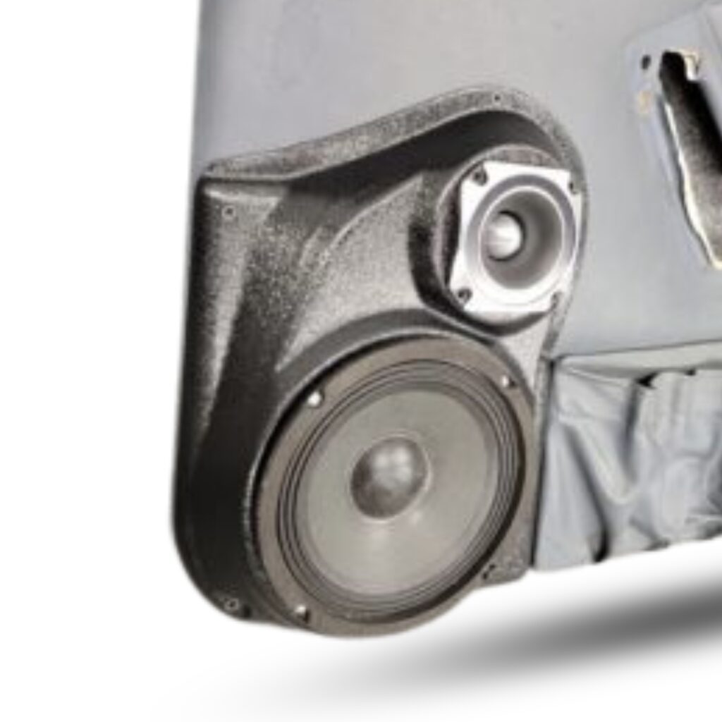left ortho Speaker Upgrade for the Front Door of your 1987-1993 Ford Mustang. Easy installation of a 6.5" and 3.5" Midrange or Tweeter for the most powerful car stereo possible.