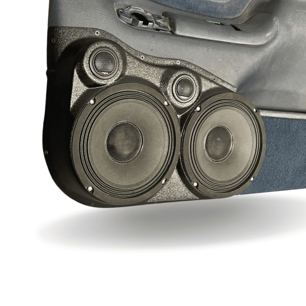 Front Door Custom Speaker Pods for the 1995-1999 Cadillac Escalade Chevrolet Silverado Suburban Tahoe GMC Sierra Yukon to hold Dual 8.0 in and Dual 2.0 in speakers for car audio installation upgrade
