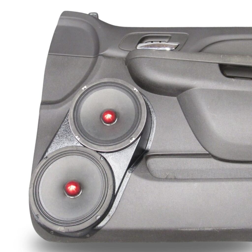 Front Door Custom Speaker Pods for the 2007-2009 Cadillac Escalade Chevrolet Avalanche Tahoe Silverado Suburban GMC Yukon Sierra to hold Dual 8.0 in speakers for car audio installation upgrade