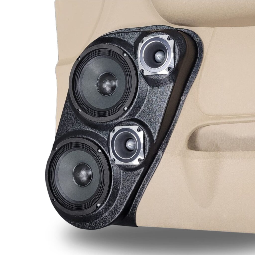 Front Door Custom Speaker Pods for the 2007-2009 Cadillac Escalade Chevrolet Avalanche Tahoe Silverado Suburban GMC Yukon Sierra to hold Dual 6.5 in and Dual 3.5 in speakers for car audio installation upgrade