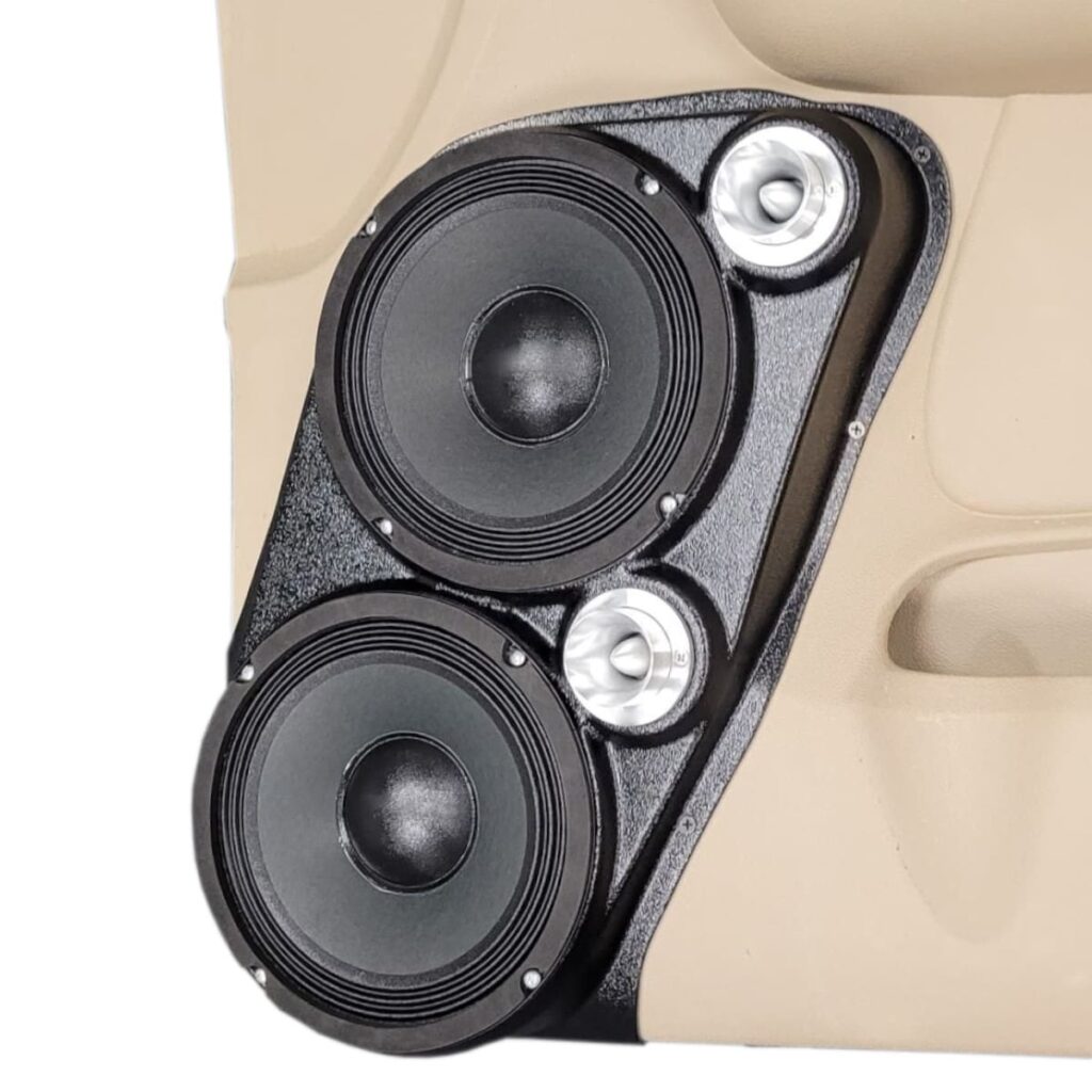 Front Door Custom Speaker Pods for the 2007-2009 Cadillac Escalade Chevrolet Avalanche Tahoe Silverado Suburban GMC Yukon Sierra to hold Dual 8.0 in and Dual 2.0 in speakers for car audio installation upgrade