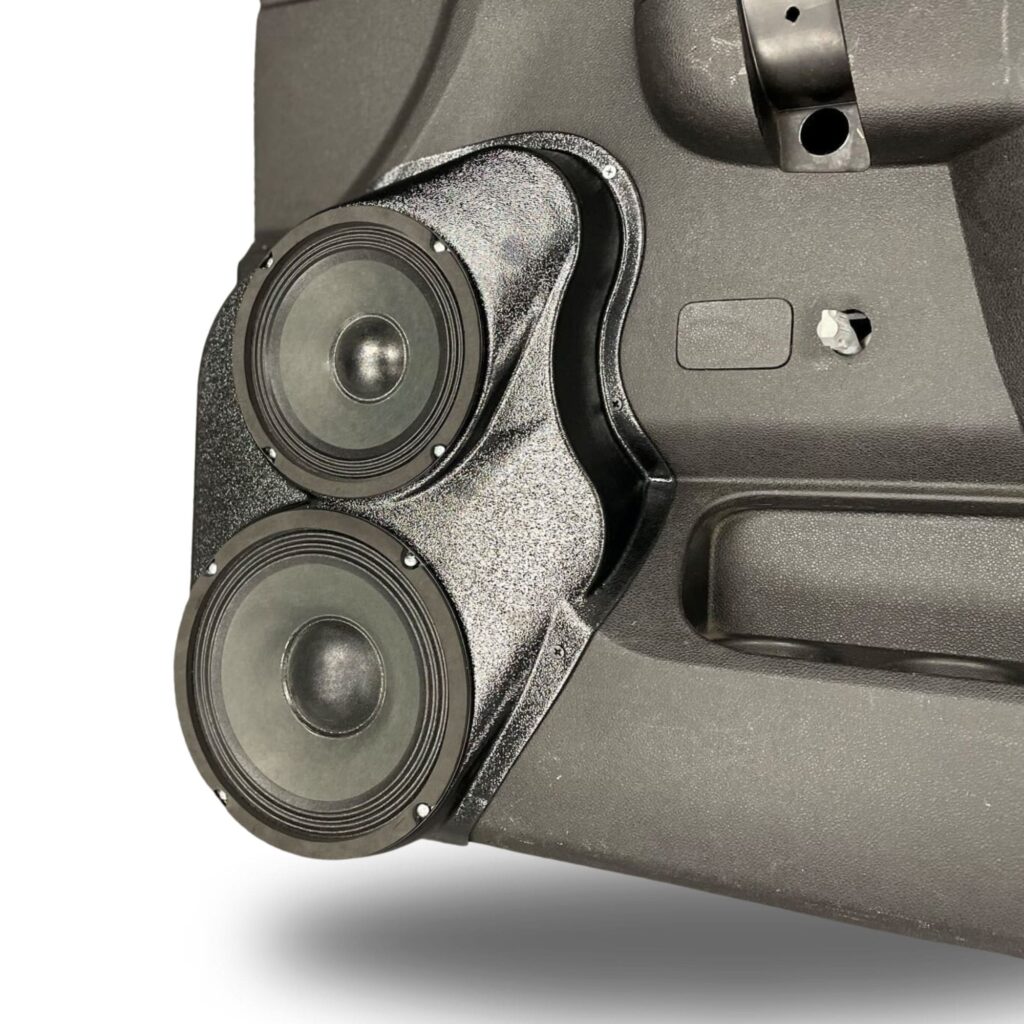 Front Door Custom Speaker Pods for the 2010-2013 Chevrolet Silverado GMC Sierra to hold 8.0 in and 6.5 in speakers for car audio installation upgrade