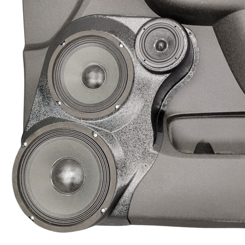 Front Door Custom Speaker Pods for the 2007-2009 Cadillac Escalade Chevrolet Avalanche Tahoe Silverado Suburban GMC Yukon Sierra to hold 8.0 in and 6.5 in and 3.5 in speakers for car audio installation upgrade