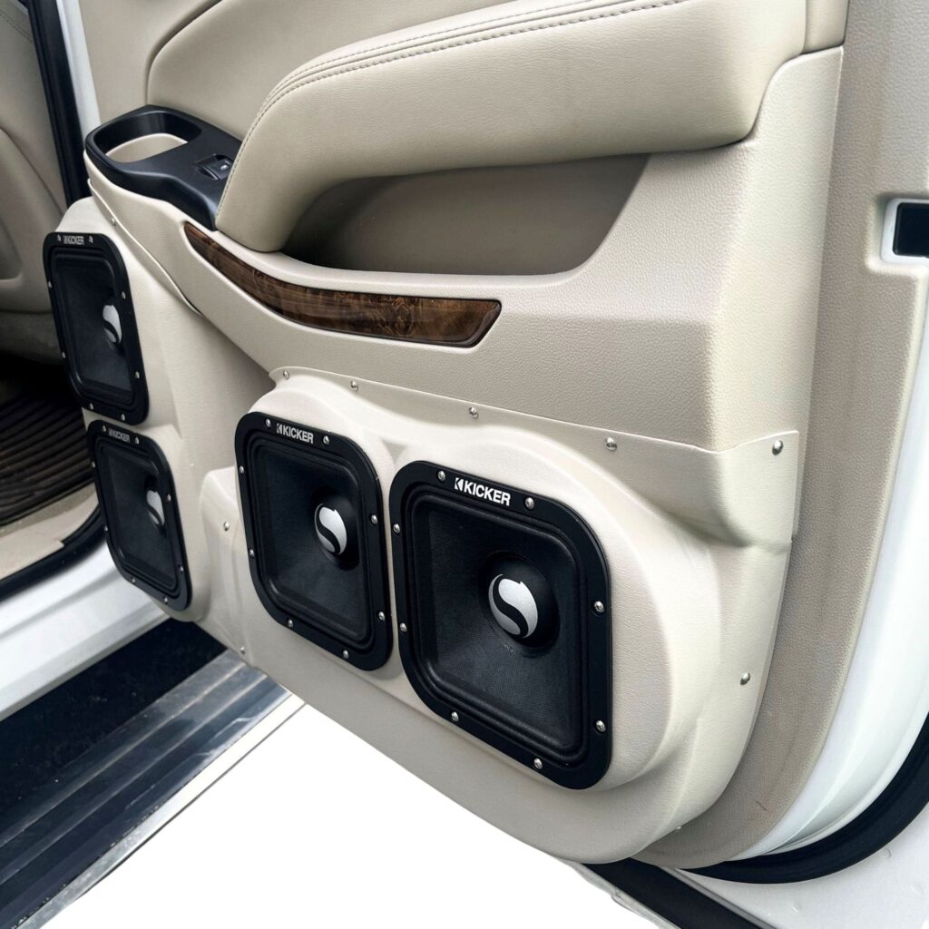 Rear Door Custom Speaker Pods for the 2015-2020 Cadillac EscaladeESV Chevrolet Suburban GMC YukonXL to hold Dual 7.0 in speakers for car audio installation upgrade