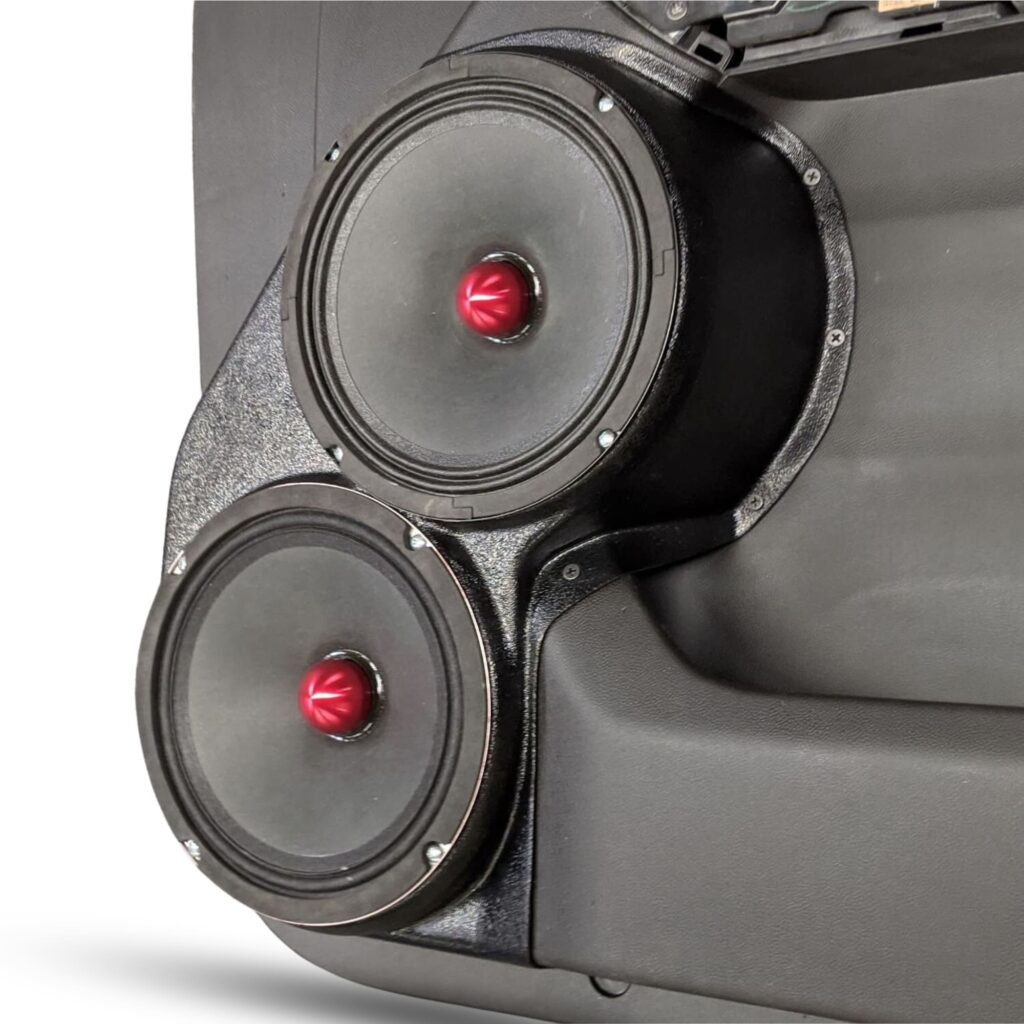 Front Door Custom Speaker Pods for the 2019-2023 Chevrolet Silverado GMC Sierra to hold Dual 8.0 in speakers for car audio installation upgrade