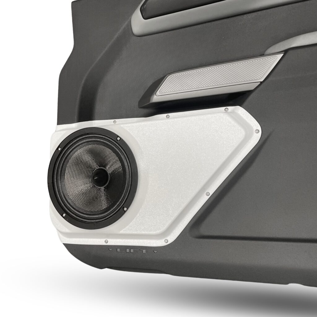 Front Door Custom Speaker Pods for the 2021-2023 Ford Bronco to hold 8.0 in speakers for car audio installation upgrade