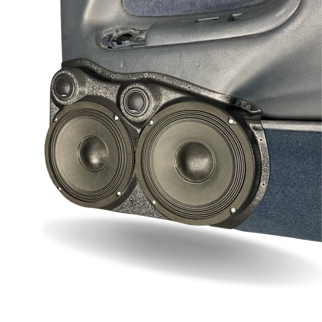 Front Door Custom Speaker Pods for the 1995-1999 Cadillac Escalade Chevrolet Silverado Suburban Tahoe GMC Sierra Yukon to hold Dual 8.0 in and Dual 2.0 in speakers for car audio installation upgrade