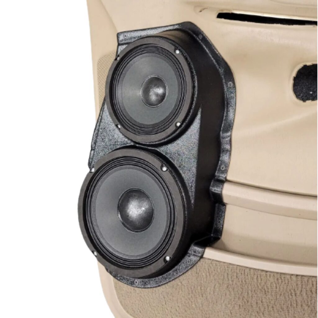 Front Door Custom Speaker Pods for the 1998-2002 Ford Expedition to hold 8.0 in and 6.5 in speakers for car audio installation upgrade