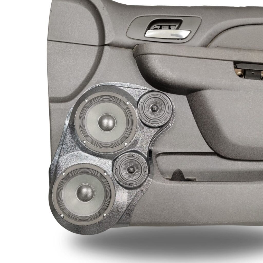 Front Door Custom Speaker Pods for the 2007-2009 Cadillac Escalade Chevrolet Avalanche Tahoe Silverado Suburban GMC Yukon Sierra to hold Dual 6.5 in and Dual 3.5 in speakers for car audio installation upgrade