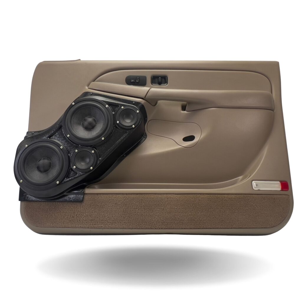 Front Door Custom Speaker Pods for the 2000-2006 Cadillac Escalade Chevrolet Avalanche Silverado Tahoe Suburban GMC Sierra Yukon to hold Dual 6.5 in and Dual 3.5 in speakers for car audio installation upgrade