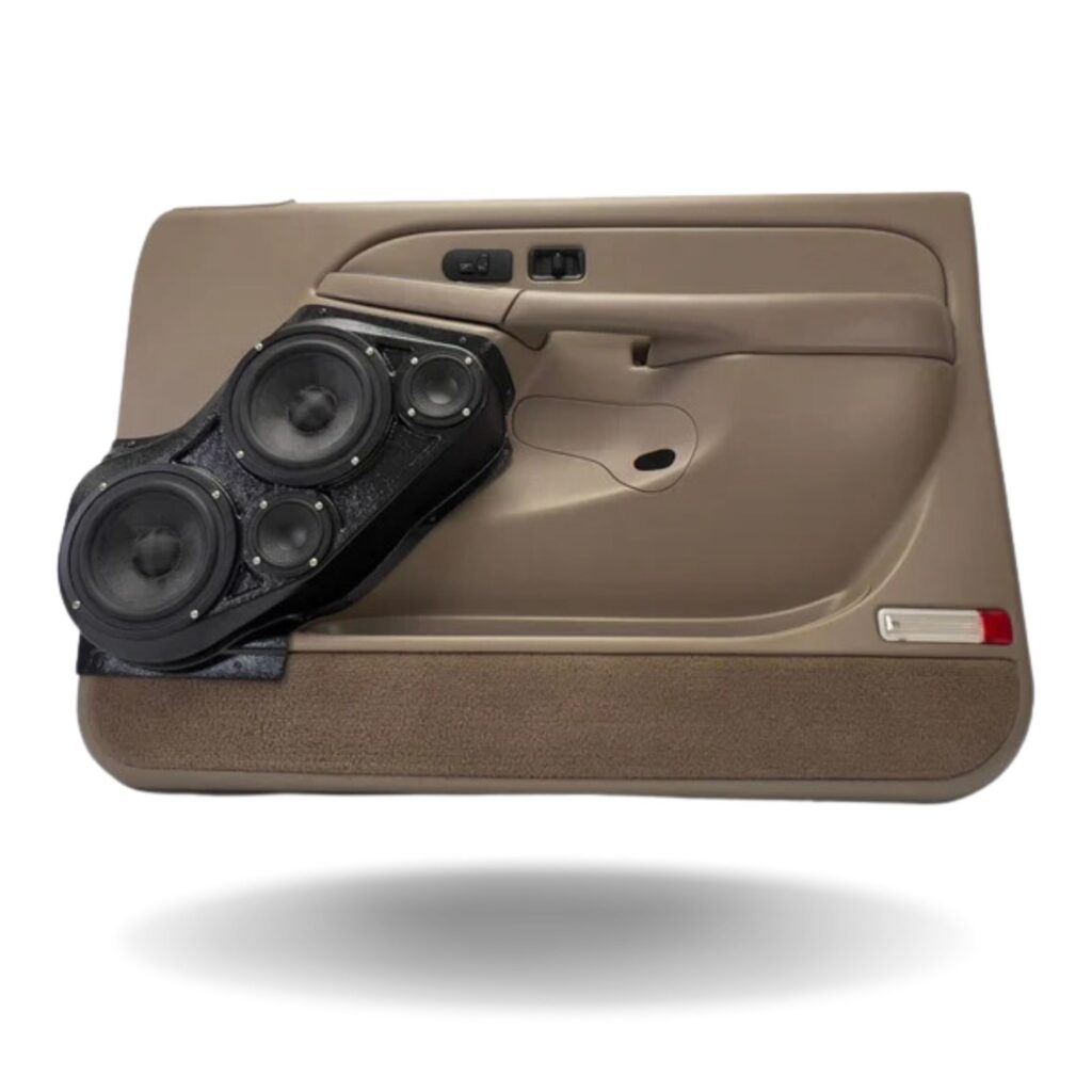 Front Door Custom Speaker Pods for the 2000-2006 Cadillac Escalade Chevrolet Avalanche Silverado Tahoe Suburban GMC Sierra Yukon to hold Dual 6.5 in and Dual 3.5 in speakers for car audio installation upgrade