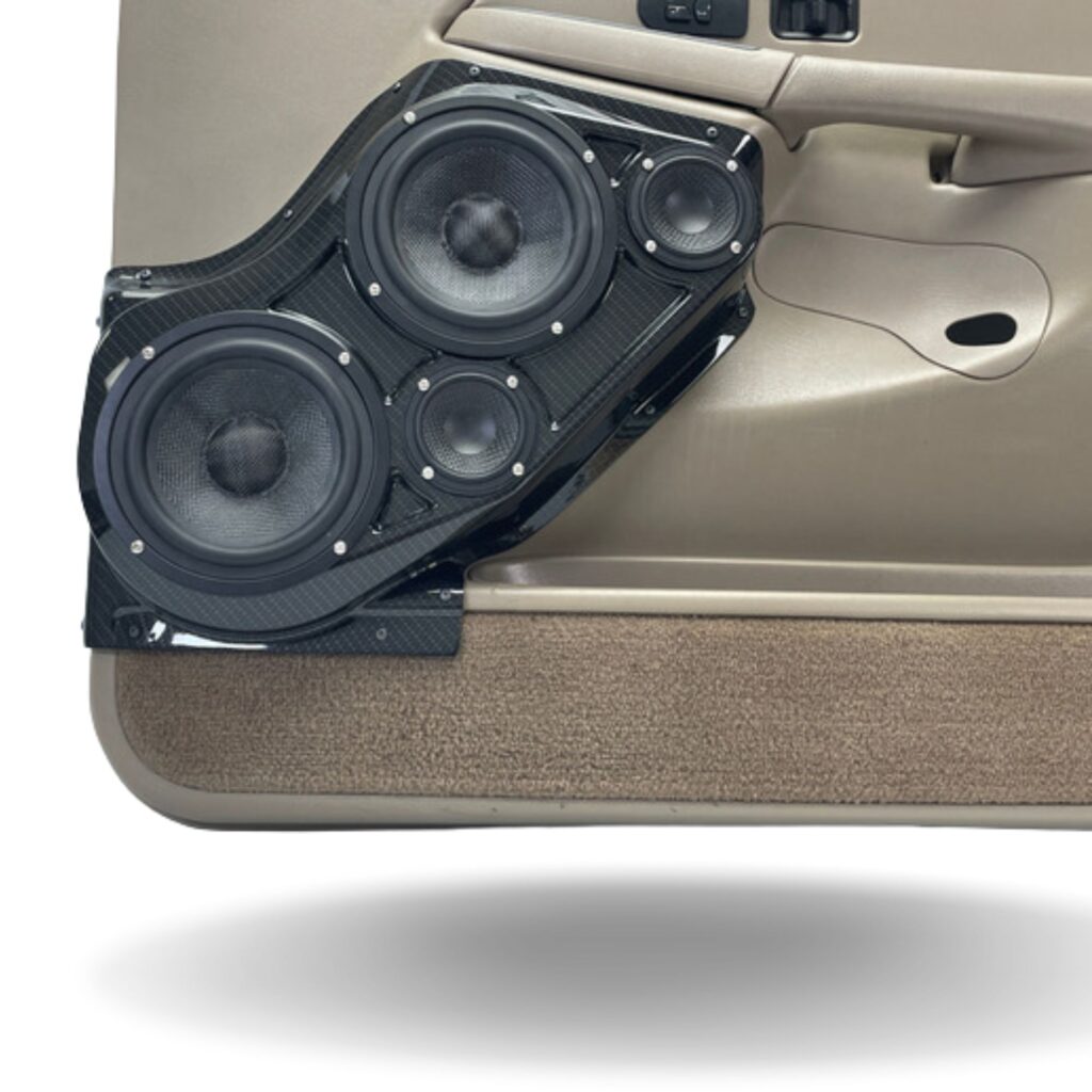 Front Door Custom Speaker Pods for the 2000-2006 Cadillac Escalade Chevrolet Avalanche Silverado Tahoe Suburban GMC Sierra Yukon to hold Dual 6.5 in and Dual 3.5 in speakers for car audio installation upgrade