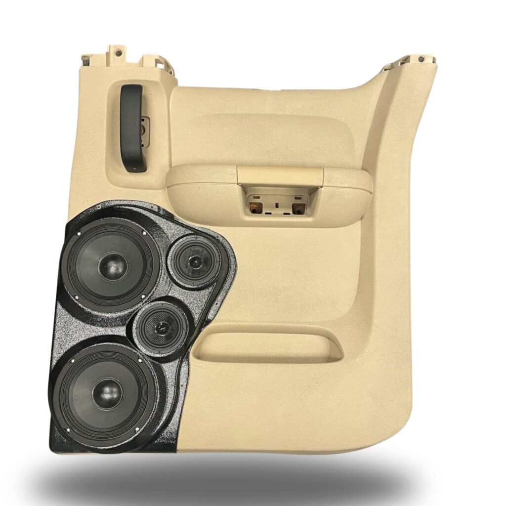 Rear Door Custom Speaker Pods for the 2007-2009 Chevrolet Silverado GMC Sierra to hold Dual 6.5 in and Dual 3.5 in speakers for car audio installation upgrade