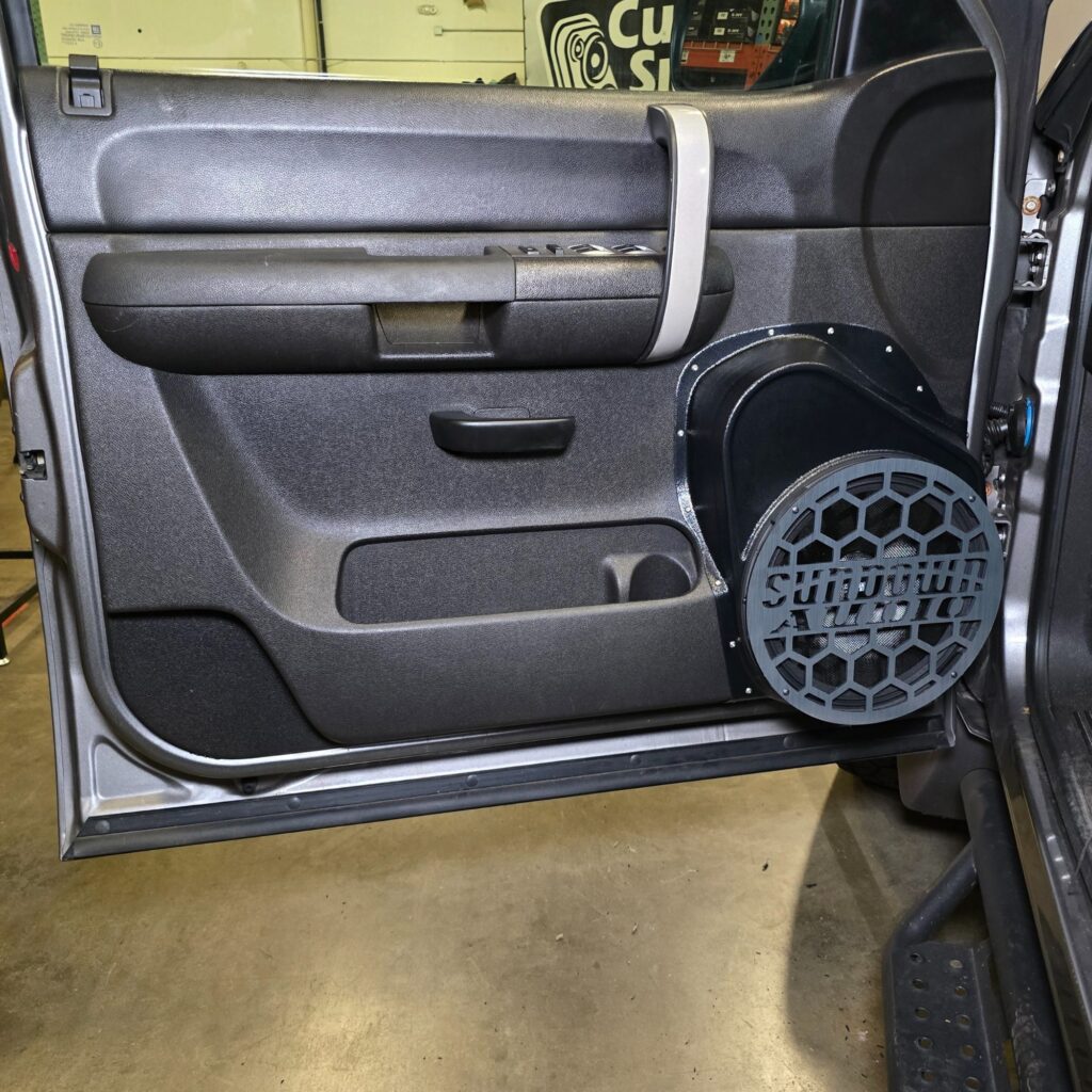 Front Door Custom Speaker Pods for the 2007-2009 Chevrolet Silverado GMC Sierra to hold 12.0 in  speakers for car audio installation upgrade