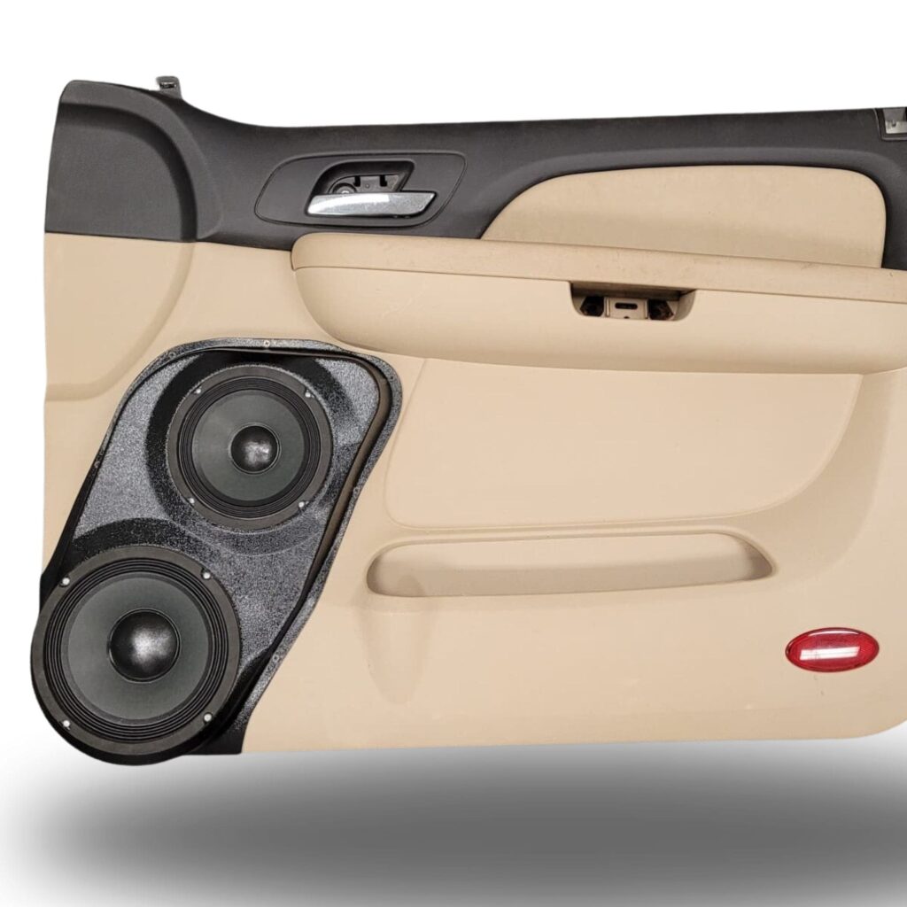 Front Door Custom Speaker Pods for the 2007-2009 Cadillac Escalade Chevrolet Avalanche Tahoe Silverado Suburban GMC Yukon Sierra to hold 8.0 in and 6.5 in  speakers for car audio installation upgrade