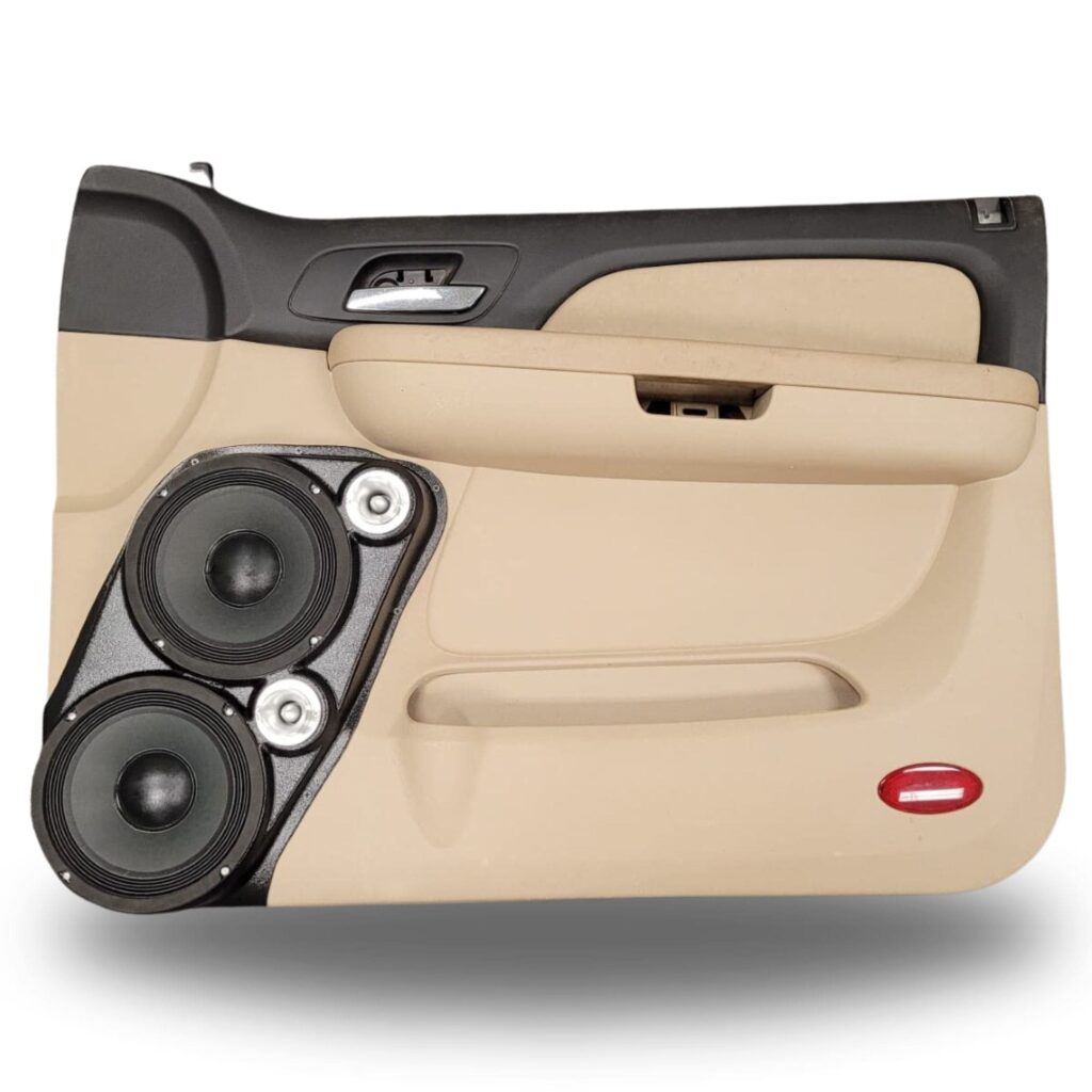 Front Door Custom Speaker Pods for the 2007-2009 Cadillac Escalade Chevrolet Avalanche Tahoe Silverado Suburban GMC Yukon Sierra to hold Dual 8.0 in and Dual 2.0 in speakers for car audio installation upgrade