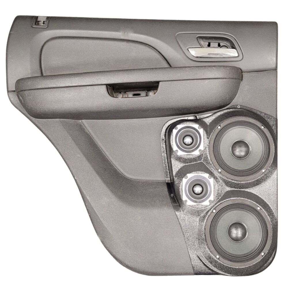 Rear Door Custom Speaker Pods for the 2007-2009 Cadillac Escalade Chevrolet Avalanche Tahoe Silverado Suburban GMC Yukon Sierra to hold Dual 6.5 in and Dual 3.5 in speakers for car audio installation upgrade