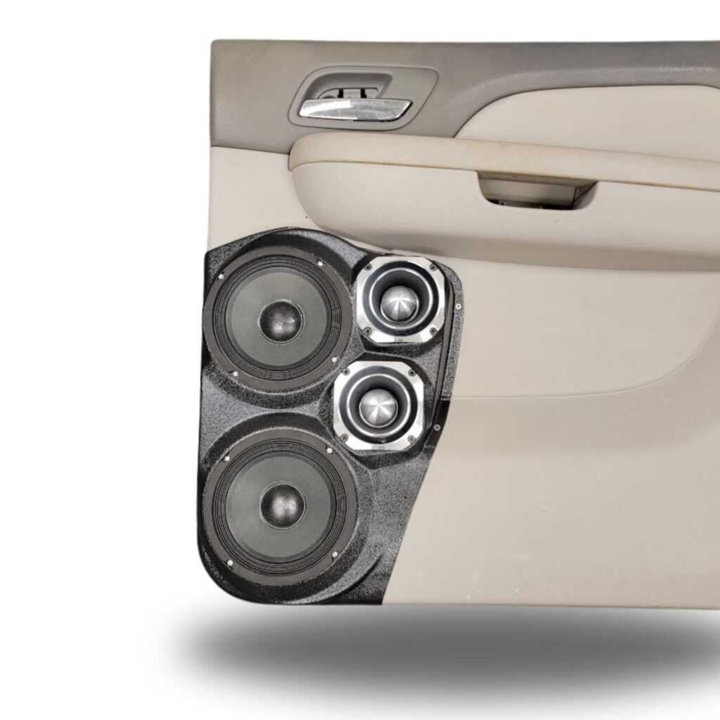Rear Door Custom Speaker Pods for the 2007-2009 Cadillac Escalade Chevrolet Avalanche Tahoe Silverado Suburban GMC Yukon Sierra to hold Dual 6.5 in and Dual 4.0 in speakers for car audio installation upgrade