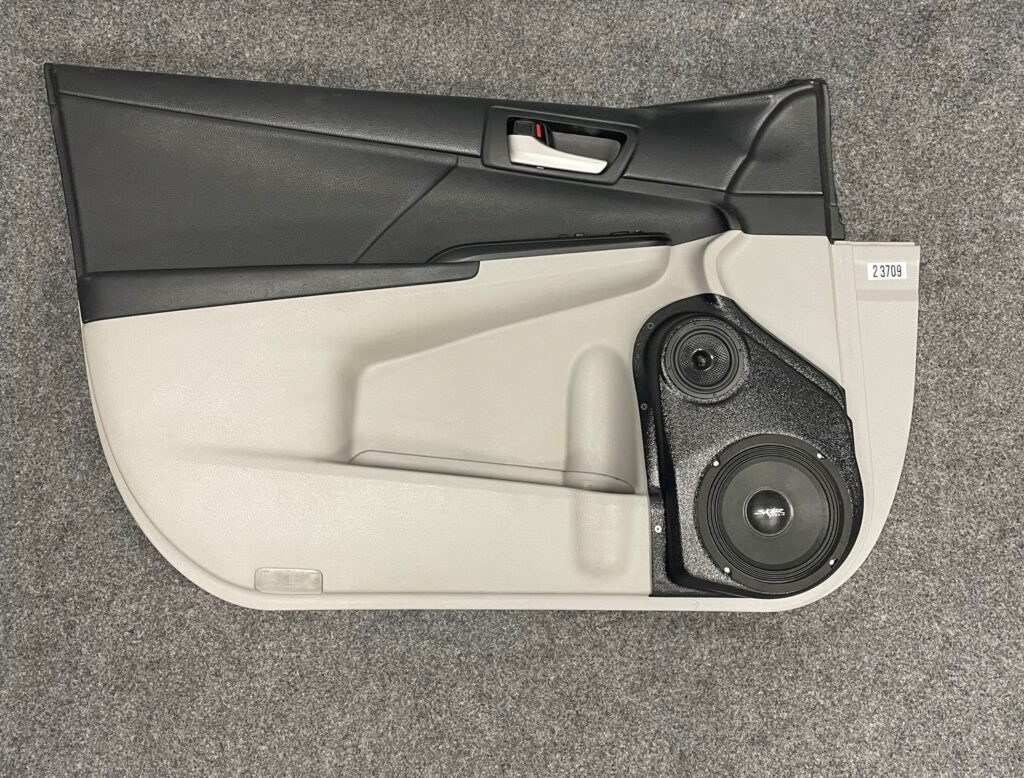 Front Door Custom Speaker Pods for the 2012-2017 Toyota Camry to hold 6.5 in and 3.5 in speakers for car audio installation upgrade