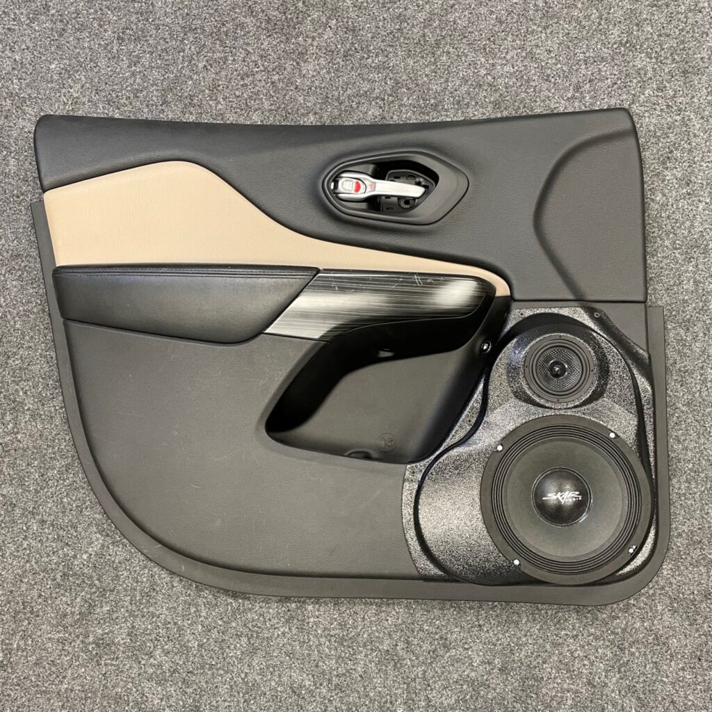 Front Door Custom Speaker Pods for the 2014-2023 Jeep Cherokee to hold 8.0 in and 3.5 in speakers for car audio installation upgrade