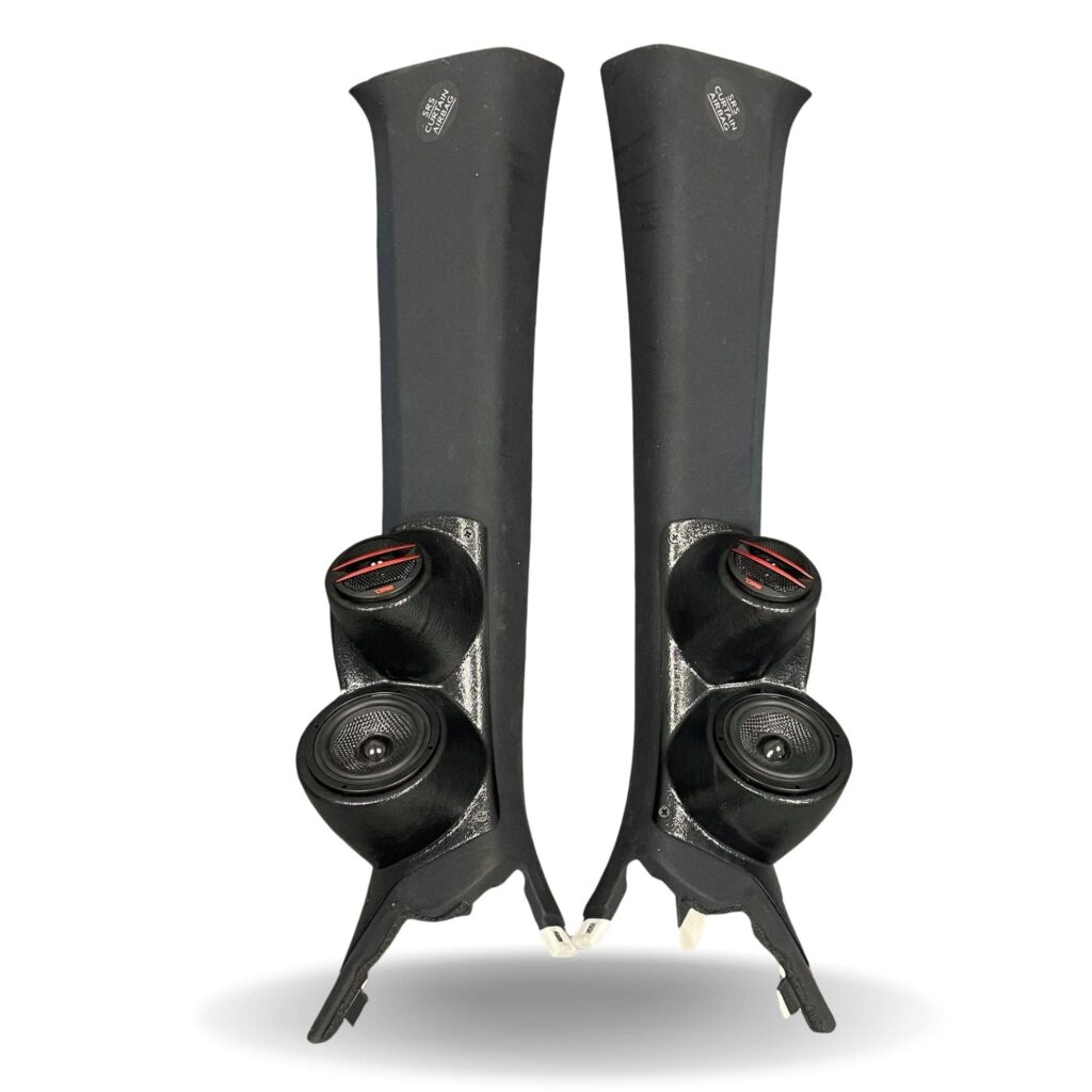 A-Pillar Custom Speaker Pods for the 2015-2021 Lexus RC to hold 3.5 in and 2.0 in speakers for car audio installation upgrade