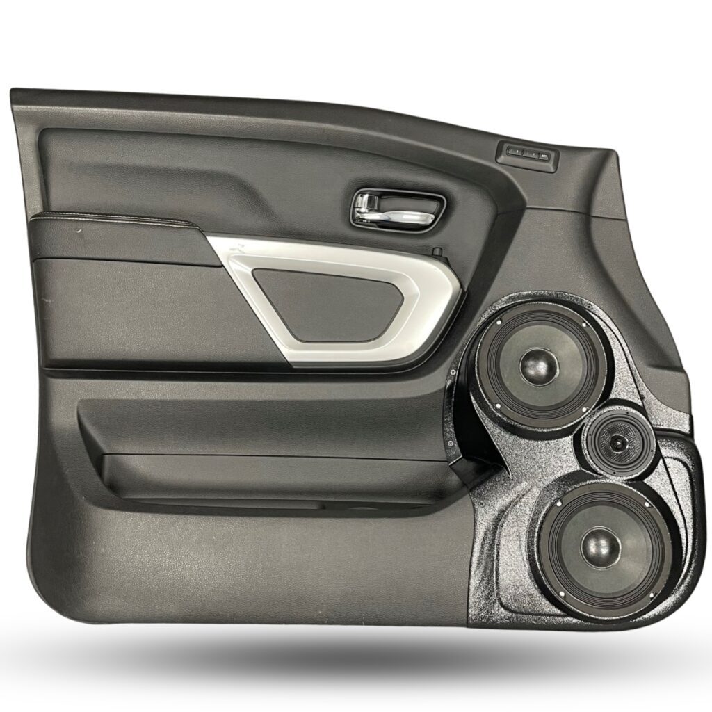Front Door Custom Speaker Pods for the 2016-2024 Nissan Titan to hold Dual 6.5 in and 3.5 in speakers for car audio installation upgrade