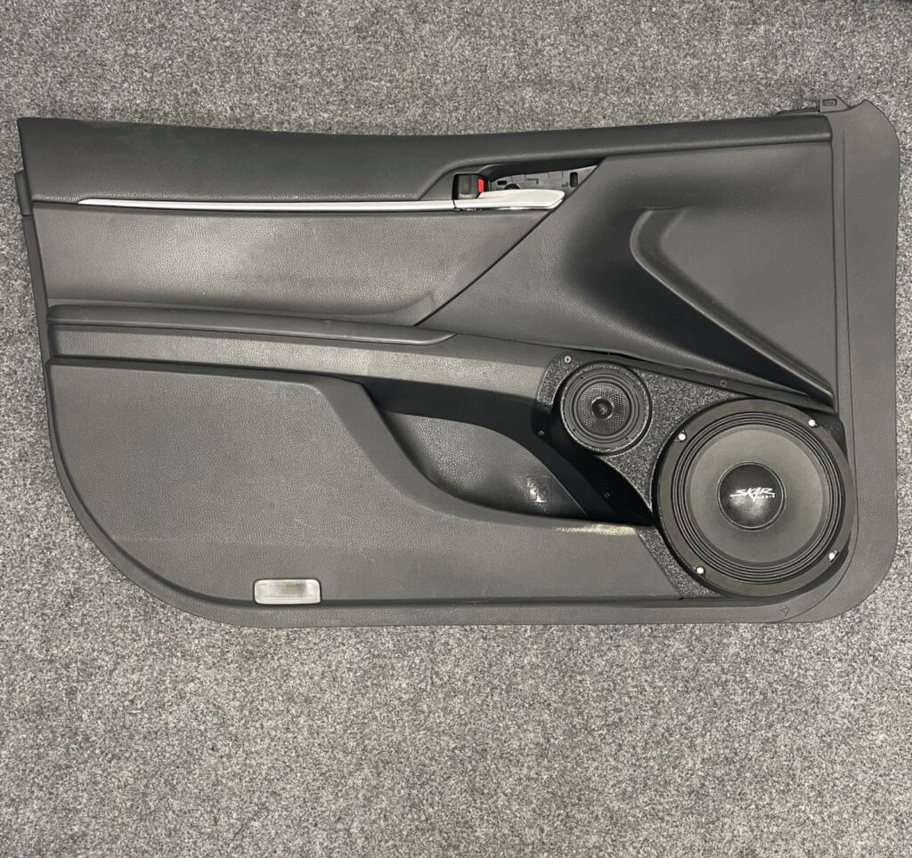 Front Door Custom Speaker Pods for the 2018-2024 Toyota Camry to hold 8.0 in and 3.5 in speakers for car audio installation upgrade