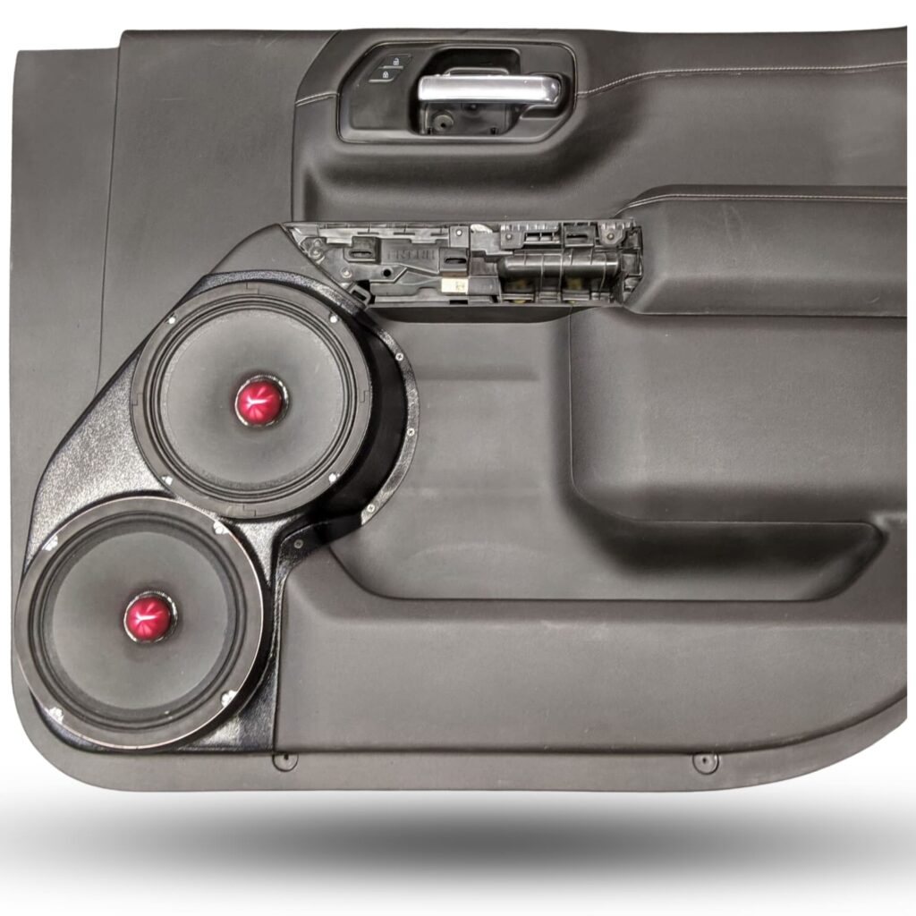 Front Door Custom Speaker Pods for the 2019-2023 Chevrolet Silverado GMC Sierra to hold Dual 8.0 in speakers for car audio installation upgrade