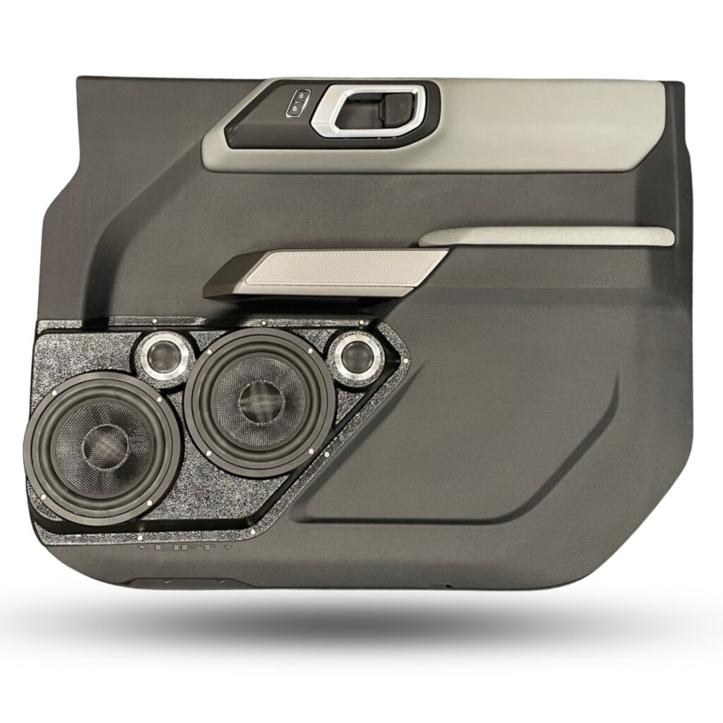 Front Door Custom Speaker Pods for the 2021-2023 Ford Bronco to hold Dual 6.5 in and Dual 2.0 in speakers for car audio installation upgrade
