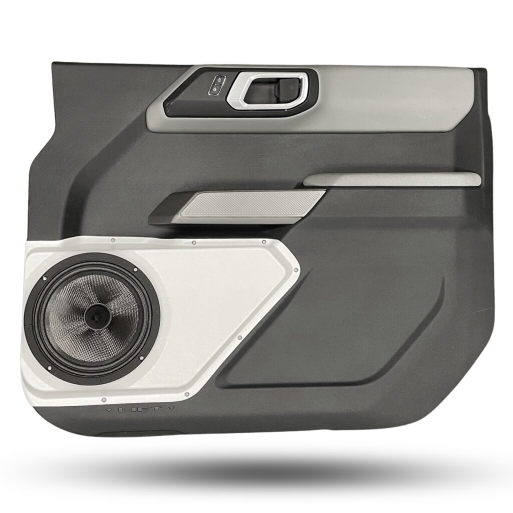Front Door Custom Speaker Pods for the 2021-2023 Ford Bronco to hold 8.0 in speakers for car audio installation upgrade